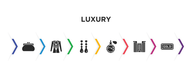 Wall Mural - luxury filled icons with infographic template. glyph icons such as clutch, vest suit, earrings, fragance, resort, gold bar vector.