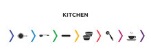 Kitchen Filled Icons With Infographic Template. Glyph Icons Such As Skillet, Scoop, Tray, Custard Cup, Pizza Cutter, Tea Cup Vector.