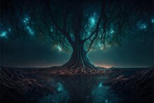 Floating Forest Of Trees In The Night Sky Hundreds Of Trees Roots Dangling In The Air Surreal Nature Dark Fantasy Landscape Mixed Trees Magical Light Rich Colors Intricate Details Extreme Details 8k 