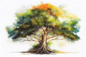 Wall Mural - hand holdig big tree growing on white background with sunshine, watercolor oil painting effect. Generative Ai