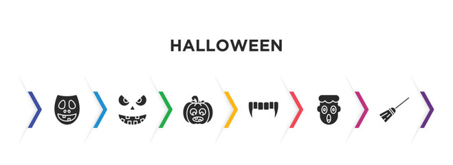 Wall Mural - halloween filled icons with infographic template. glyph icons such as facial mask, pumpkin face, pumpkins lantern, vampire teeth, fear, magic broom vector.