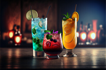 Beautiful cold cocktails drinks on the bar background, tasty alcoholic and non-alcoholic drinks, generated ai