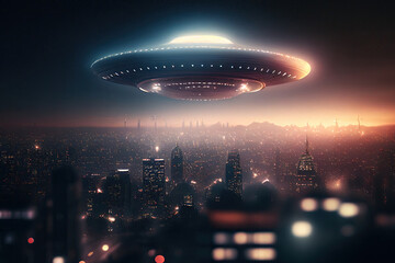 Wall Mural - Flying saucer flying in the sky over night city. Invasion of extraterrestrial intelligence on an intergalactic ship. Alien abduction. Created with Generative AI