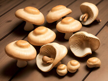 Champignons On A Wooden Table. Edible Mushrooms Spilled On The Table. Generative AI.