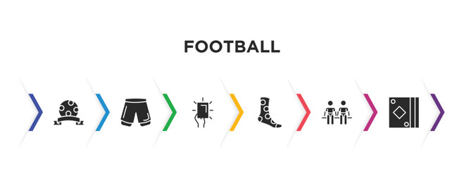 Wall Mural - football filled icons with infographic template. glyph icons such as football club, football shorts, yellow card, socks, player substitution, cards vector.