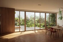 Image Of A Contemporary Dining And Living Area With A Garden Outlook. Large Open Doors And Wooden Floors May Be Found In The Rooms. Overlooks A Sizable Garden And A Wooden Patio. Generative AI