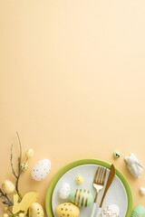 Wall Mural - Easter decorations concept. Top view vertical photo of plates cutlery white green yellow easter eggs ceramic bunny and easter plant on isolated pastel beige background with copyspace