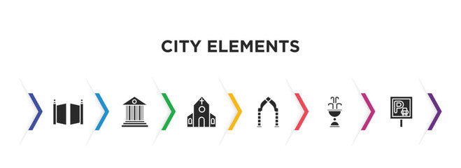 Sticker - city elements filled icons with infographic template. glyph icons such as gate, government buildings, church, arch, fountain, parking vector.