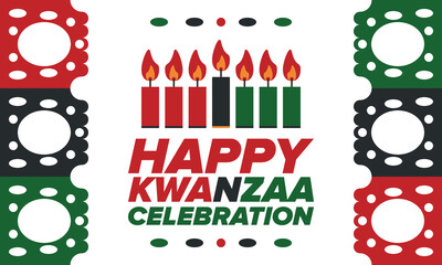 Kwanzaa Happy Celebration. African and African-American culture holiday. Seven days festival, celebrate annual from December 26 to January 1. Black history. Poster, card, banner and background. Vector