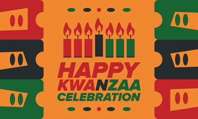 Kwanzaa Happy Celebration. African and African-American culture holiday. Seven days festival, celebrate annual from December 26 to January 1. Black history. Poster, card, banner and background. Vector