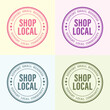 © Joseph - Shop local, buy local. Shop small business concept. Support local community. Set of four icon doodle badges, icon. Flat vector illustrations Bright colors