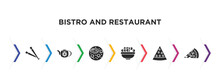 Bistro And Restaurant Filled Icons With Infographic Template. Glyph Icons Such As Chopsticks, Vintage Teapot, Combine Meal, Bowl Of Olives, Watermellon Slice, Pepperoni Pizza Slice Vector.