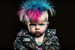 © J S - Confused punk baby with colorful hair, dressed in rocker outfit on dark black background with copy space, generative AI