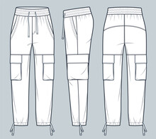 Jogger Pants Fashion Flat Technical Drawing Template. Sport Sweat Pants Technical Fashion Illustration, Side Pocket, Elastic Waistband, Front, Side And Back View, White, Women, Men, Unisex CAD Mockup.