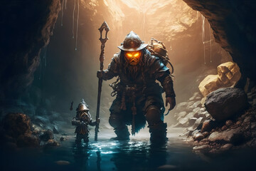 Wall Mural - Warrior gnome in dark cave corridor with fantasy staff. Neural network AI generated art