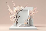 Fototapeta Dinusie - 3D Product Podium mockup with spring cherry blossom and sakura branch