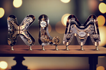 Wall Mural - Vintage steampunk style letters standing on the table with blurred bokeh background. Font set made with Generative AI technology.