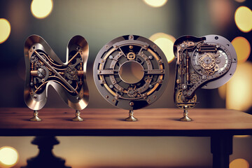 Wall Mural - Vintage steampunk style letters standing on the table with blurred bokeh background. Font set made with Generative AI technology.