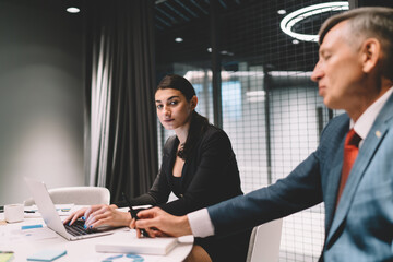 Wall Mural - Serious businesswoman browsing laptop during meeting