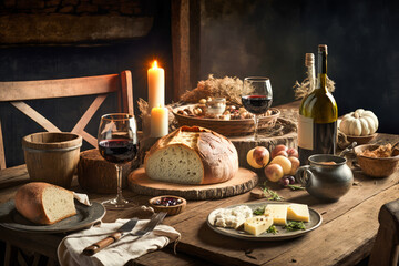 Sticker - Table set with bread, cheese, wine and candles. Generative AI.