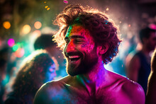 A Fictional Person, Young Man Enjoying At A Street Party, Holi Festival, European, North American, Caucasian, Celebrating, Happy, Generative Art, Generative Ai	