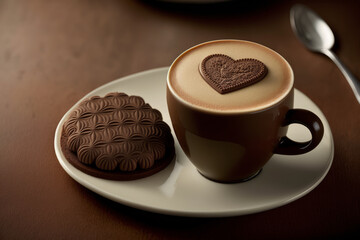 Poster - cup of coffee with heart shaped cookie on top. generative ai.