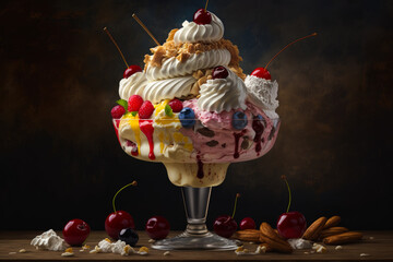 Sticker - An image of an ice cream sundae with cherries and nuts. Generative AI.