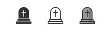 Headstone Icon On Light Background. RIP Symbol. Death, Halloween, Cross, Tombstone, Gravestone, Graveyard. Outline, Flat And Colored Style. Flat Design. Vector Illustration.
