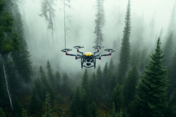 Poster - Drone flying over forest in the fog. Generative AI.