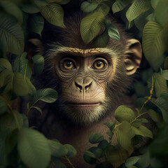 Poster - An image of chimpanzee looking through the leaves. Generative AI.