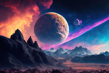 Wall Mural - Fantasy neon landscape of a distant unknown planet. AI