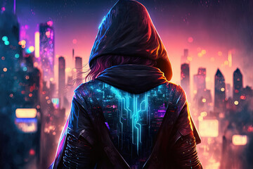 A man in a hood against the background of a neon city at night. AI