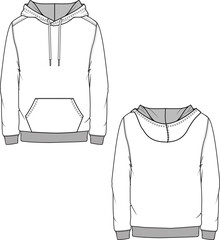 Mens basic hoodie Sweatshirt Flat Sketches technical drawing template design vector