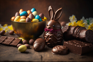 Wall Mural - Chocolate easter eggs on a table with an easter themed background. The chocolate egg or Easter eggs, which are a millennial tradition, became related to Christianity. Various chocolates and flavors.