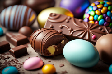 Wall Mural - Chocolate easter eggs on a table with an easter themed background. The chocolate egg or Easter eggs, which are a millennial tradition, became related to Christianity. Various chocolates and flavors.