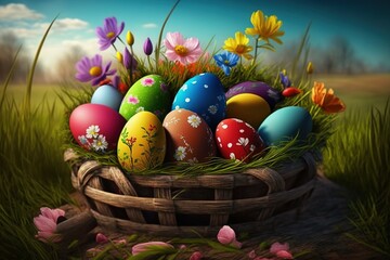 Cute easter eggs on wooden basket, with green garden grass, and colorful flowers. Suitable to use for easter day event design