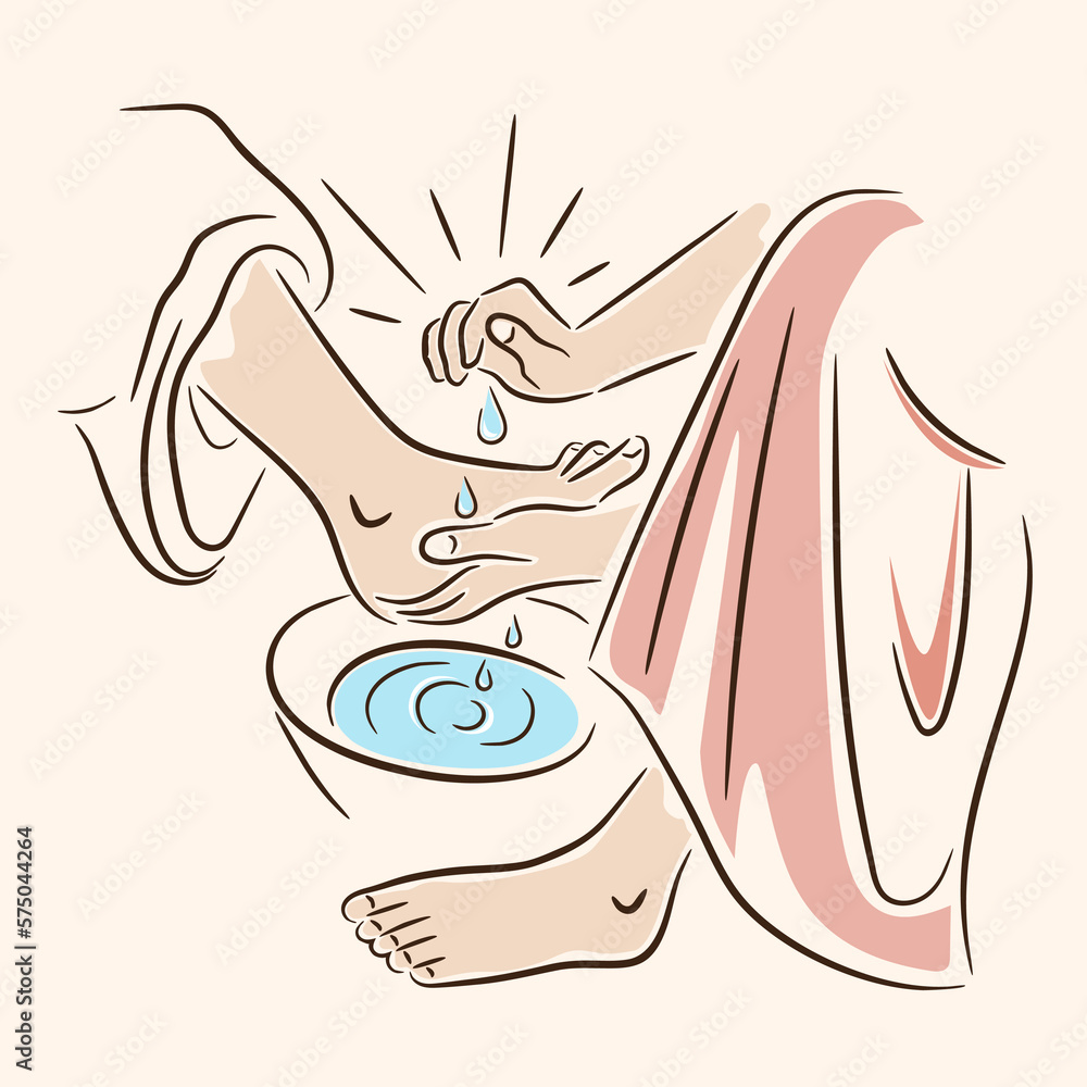 Jesus Christ washing of the feet on Maundy Thursday Vector Illustration ...