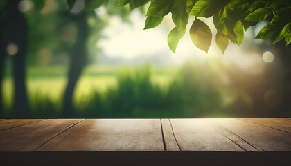 Spring mockup background. Blank wooden tabletop in front, blank space to display graphics. In the background, the rays of the setting sun illuminate blurred meadow, trees or forest. Generative AI.