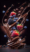 Fruits Fall Into The Chocolate Causing Splash. Illustration Of Delicious Milk Chocolate Dessert With The Addition Of Blackberries, Berries And Strawberries. Advertising Shot. Food Style. Generative AI