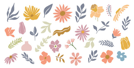 Wall Mural - Set of hand drawn shapes and floral design elements. Exotic jungle leaves, flowers. Abstract contemporary modern trendy vector illustrations isolated on white background. Digital stickers.