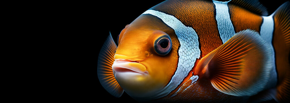 bright orange clownfish on black background. close up image of a clown fish head and eyes, created w