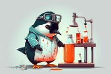 Penguin Scientist in Lab Coat Conducting Research in White Background Lab: 5 Beautiful Flat Vector Art Designs with Curvilinear Polygons & Intricate Details, generative AI