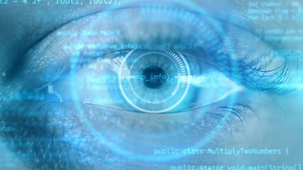 Wall Mural - Digital eye with binary codes. Concept of future innovation and AI artificial intelligence technology. Neural network or machine learning background. Metaverse virtual reality