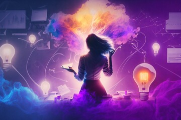 Wall Mural - bright idea and creative thinking, visualization of brainstorming, fictional person created with generative ai
