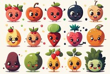 Children's Poster Of Different Fruits And Berries With Funny Faces. Generative Ai