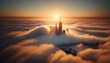 New York City One World Trade Center skyscraper towers sticking out above fog clouds in NYC. Aerial view. Generative ai.
