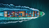 Aerial drone panoramic ultra wide photo of industrial truck size container tanker ship cruising in open ocean deep blue sea