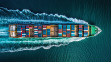 Aerial Drone Panoramic Ultra Wide Photo Of Industrial Truck Size Container Tanker Ship Cruising In Open Ocean Deep Blue Sea