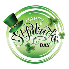 Sticker - Happy Saint Patricks day round banner with lettering, clover and green hat.