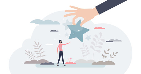 Encouragement and positive inspiration with bonus reward tiny person concept, transparent background. Employee support and cheering with symbolic approval star illustration.